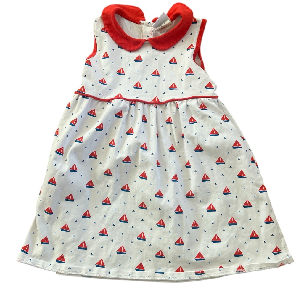 Stitchy Fish sleeveless dress with sailboats and red collar